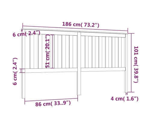 Cabecero de cama madera maciza de pino 186x6x101 cm