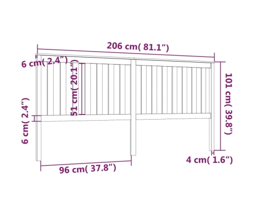 Cabecero de cama madera maciza de pino marrón miel 206x6x101 cm