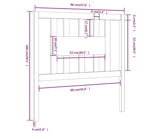 Cabecero madera maciza de pino marrón miel 96x4x100 cm