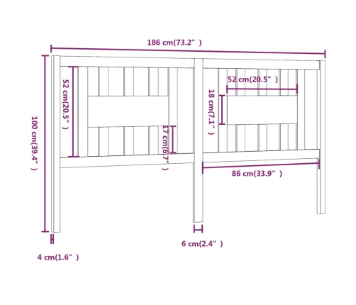 Cabecero madera maciza de pino gris 186x4x100 cm