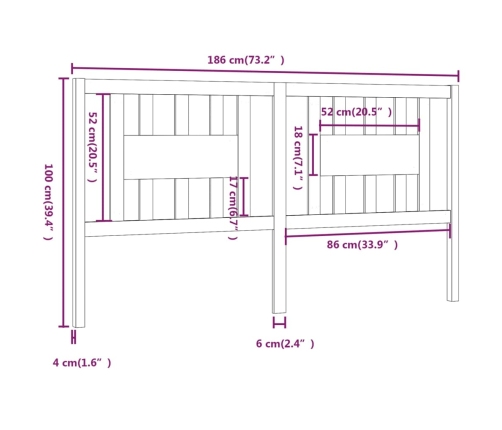 Cabecero madera maciza de pino marrón miel 186x4x100 cm