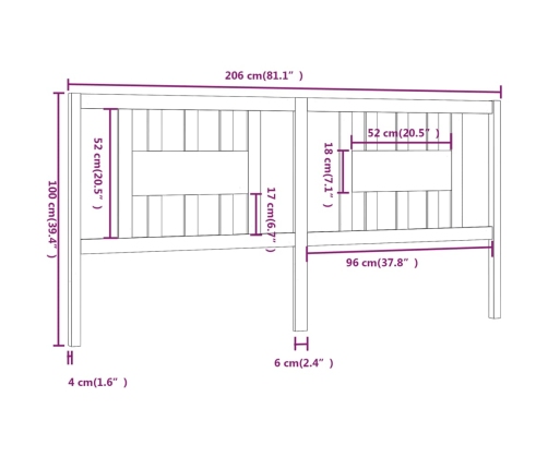 Cabecero madera maciza de pino 206x4x100 cm