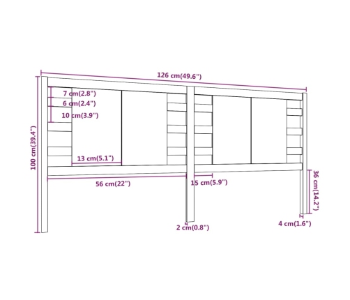 Cabecero madera maciza de pino blanco 126x4x100 cm