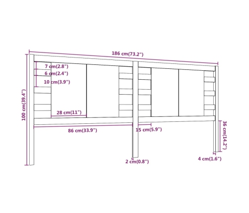 Cabecero madera maciza de pino marrón miel 186x4x100 cm