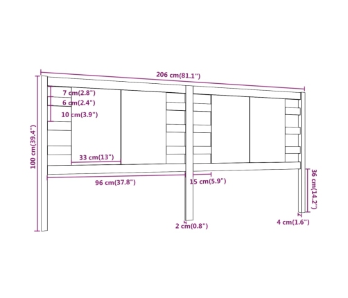 Cabecero madera maciza de pino marrón miel 206x4x100 cm