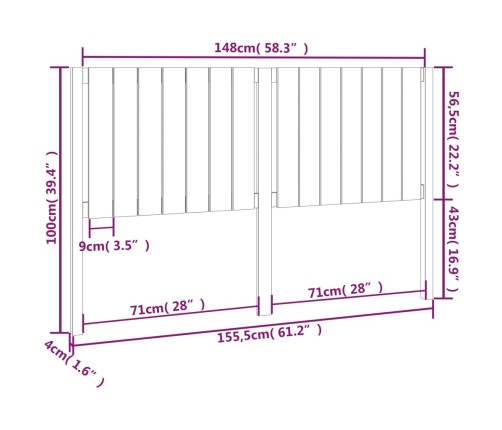 Cabecero de cama madera maciza de pino 155,5x4x100 cm