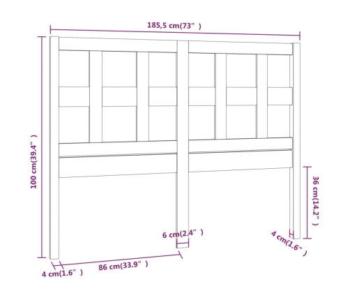 vidaXL Cabecero de cama madera maciza pino marrón miel 185,5x4x100 cm