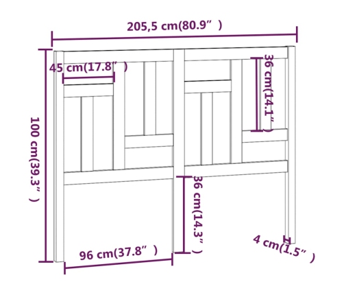 Cabecero de cama madera maciza de pino 205,5x4x100 cm