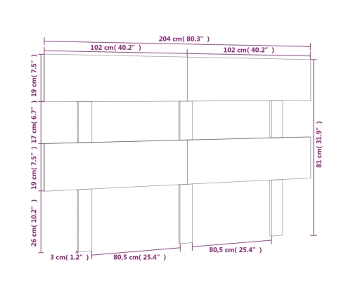 Cabecero de cama madera maciza de pino marrón miel 204x3x81 cm