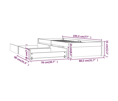 vidaXL Estructura de cama individual con cajones 75x190 cm