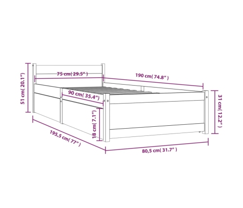 Estructura de cama individual con cajones 75x190 cm
