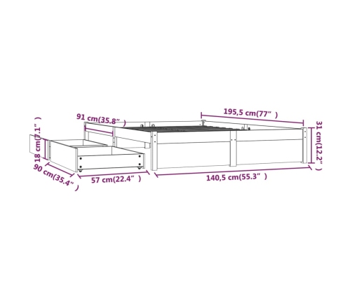 vidaXL Estructura de cama con cajones doble 135x190 cm