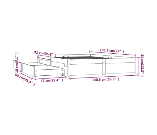 Estructura de cama con cajones doble marrón miel 135x190 cm