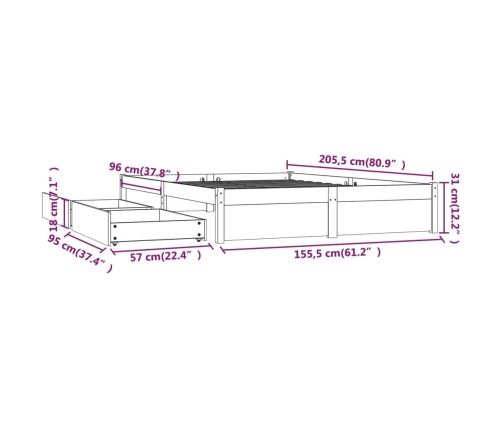 vidaXL Estructura de cama con cajones gris 150x200 cm