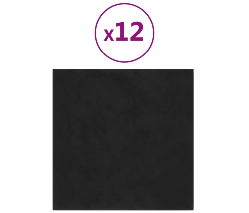 Paneles de pared 12 uds terciopelo negro 30x30 cm 1,08 m²