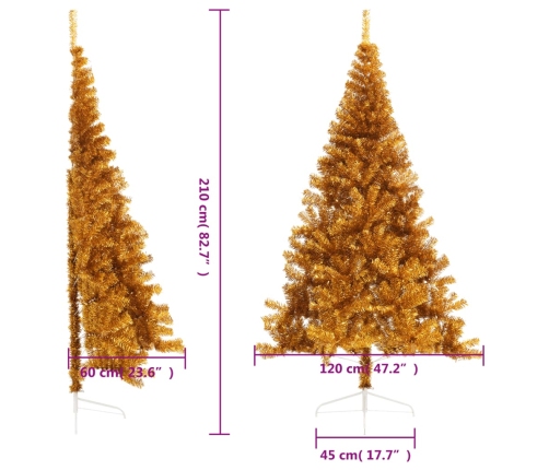 Medio árbol de Navidad artificial con soporte PET dorado 210 cm