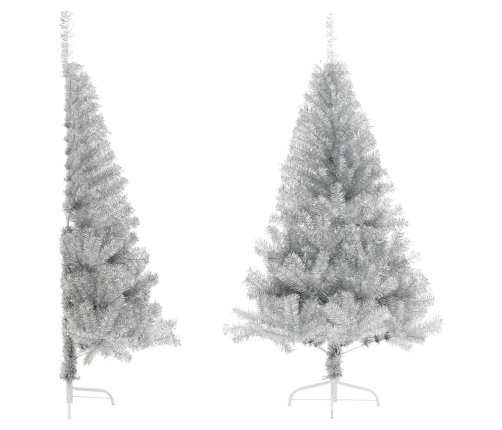 Medio árbol de Navidad artificial con soporte PET plata 150 cm