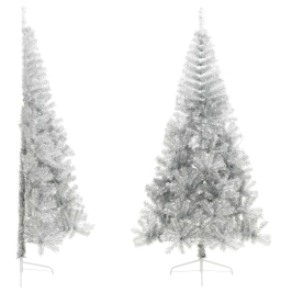 Medio árbol de Navidad artificial con soporte PET plata 210 cm