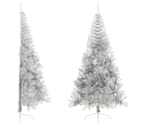 Medio árbol de Navidad artificial con soporte PET plata 210 cm