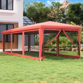 Carpa para fiestas con 8 paredes de malla HDPE rojo 3x9 m