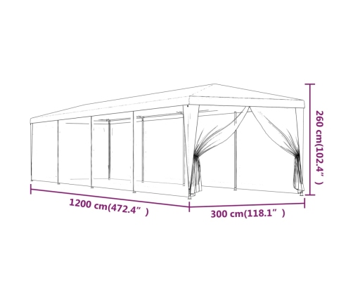 Carpa para fiestas con 10 paredes de malla HDPE azul 3x12 m