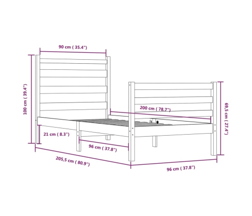 Estructura de cama sin colchón madera maciza de pino 90x200 cm