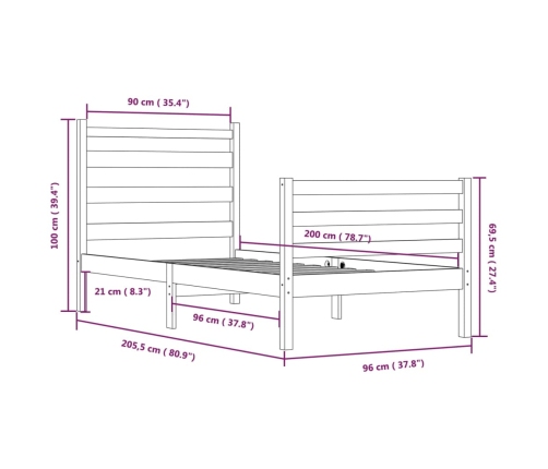 Estructura de cama de madera maciza de pino 90x200 cm gris