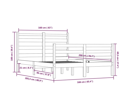 Estructura de cama sin colchón madera maciza de pino 160x200 cm