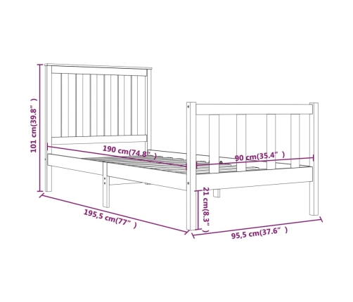 Estructura de cama individual sin colchón madera maciza negro