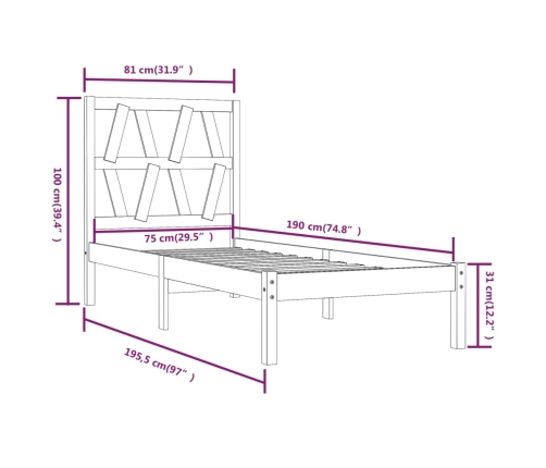 vidaXL Estructura de cama madera maciza pino marrón miel 75x190 cm