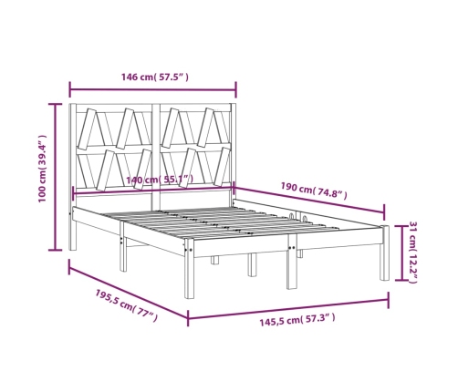 Estructura de cama de madera maciza de pino negra 140x190 cm