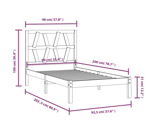 Estructura de cama de madera maciza de pino 90x200 cm