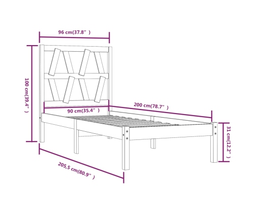 Estructura de cama madera maciza de pino blanco 90x200 cm