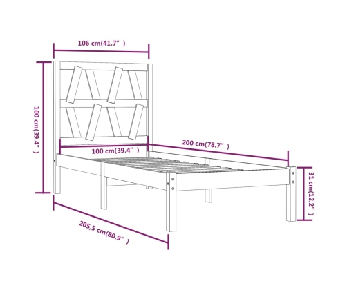 Estructura de cama madera maciza pino marrón miel 100x200 cm