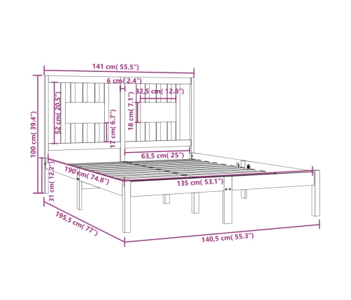 Estructura de cama doble sin colchón madera maciza gris