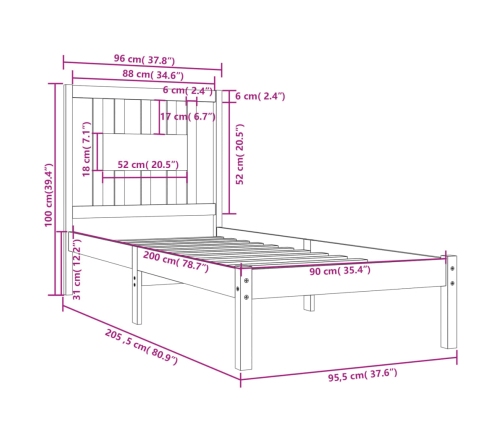 Estructura de cama madera maciza de pino blanco 90x200 cm