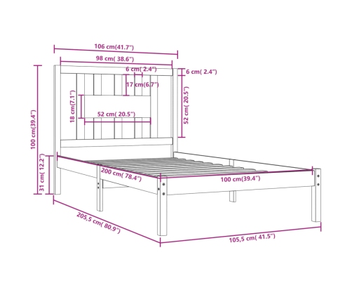 Estructura de cama madera maciza de pino 100x200 cm