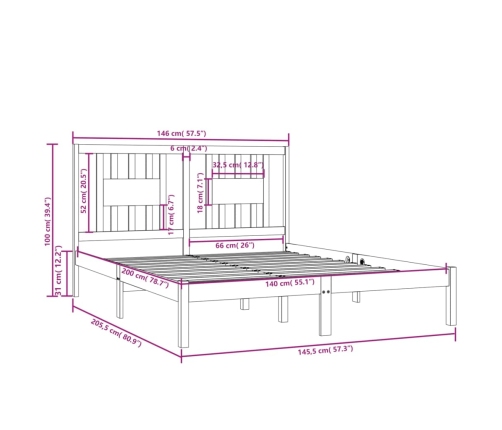 Estructura de cama de madera maciza de pino blanco 140x200 cm