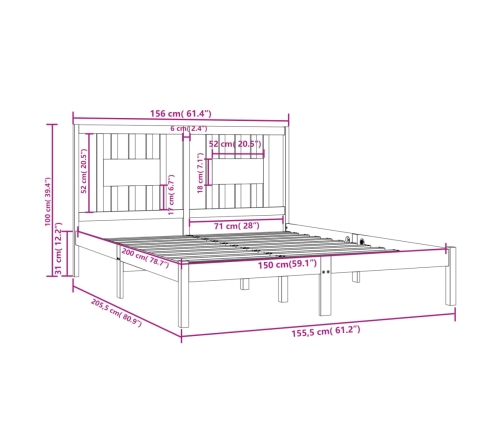 Estructura de cama doble sin colchón madera maciza gris