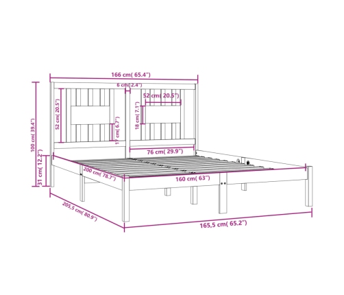 Estructura de cama de madera maciza de pino blanco 160x200 cm