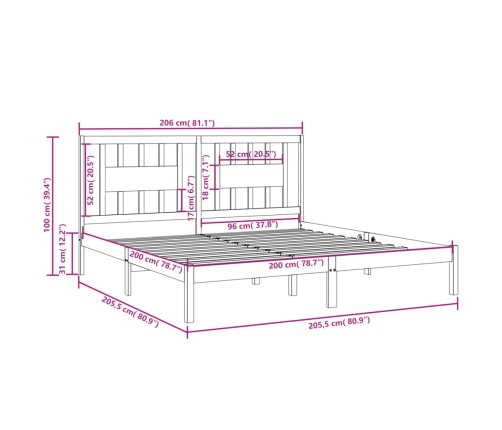 Estructura de cama de madera maciza de pino 200x200 cm