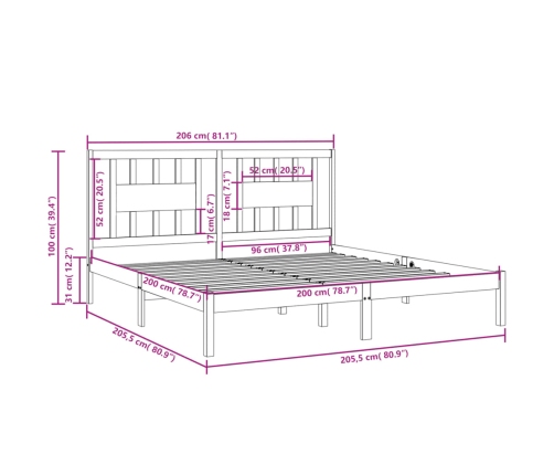 Estructura de cama de madera maciza de pino negro 200x200 cm