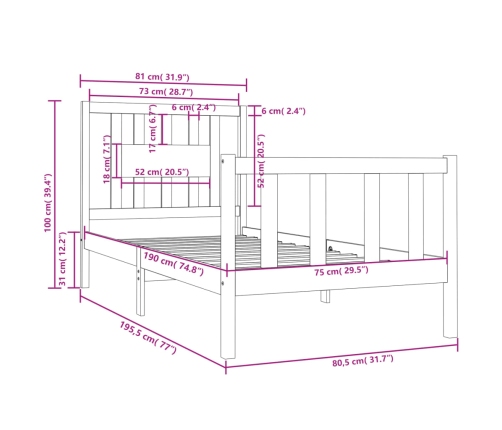 Estructura de cama individual pequeña sin colchón madera negro