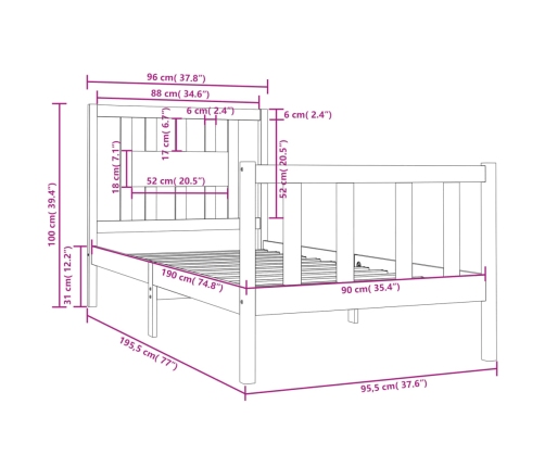 Estructura cama individual sin colchón madera maciza 90x190 cm