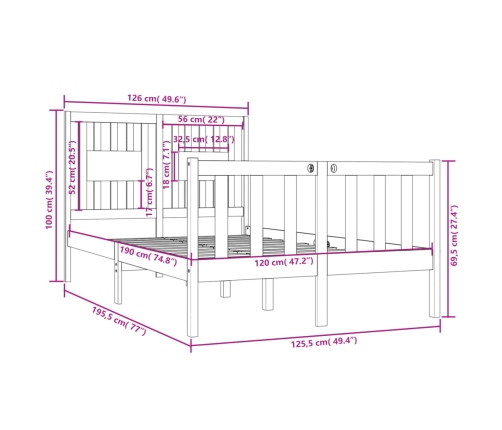 Estructura de cama madera maciza negra 120x190 cm