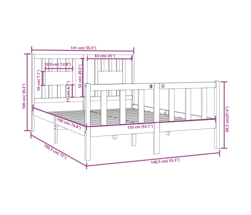 Estructura de cama de matrimonio madera maciza 135x190 cm