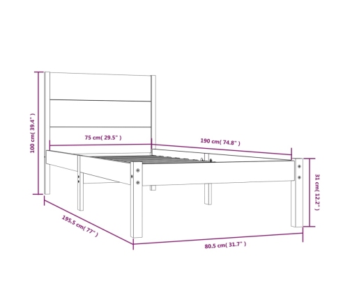 Estructura de cama madera maciza 75x190 cm
