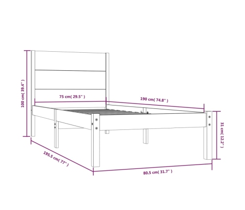 Estructura de cama madera maciza individual negra 75x190 cm