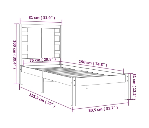 Estructura de cama madera maciza individual blanco 75x190 cm