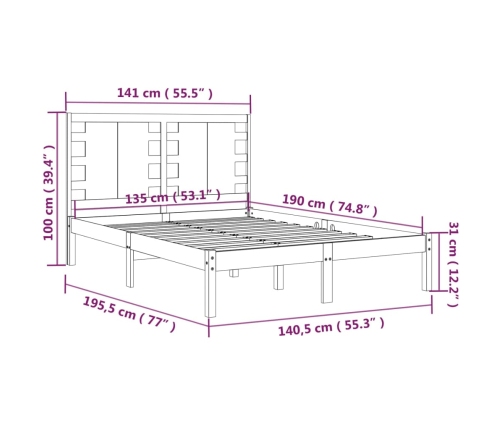 Estructura de cama doble madera maciza negra 135x190 cm